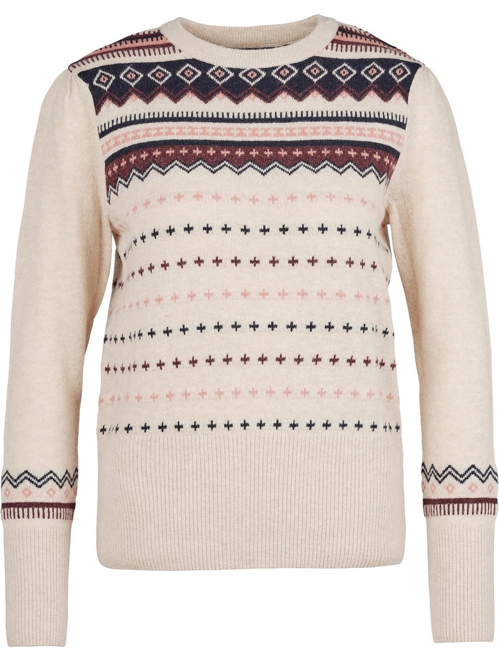 Barbour Birch Knit Cream Fair Isle Crewneck Sweater Navy & Burgundy USA 10 NWT